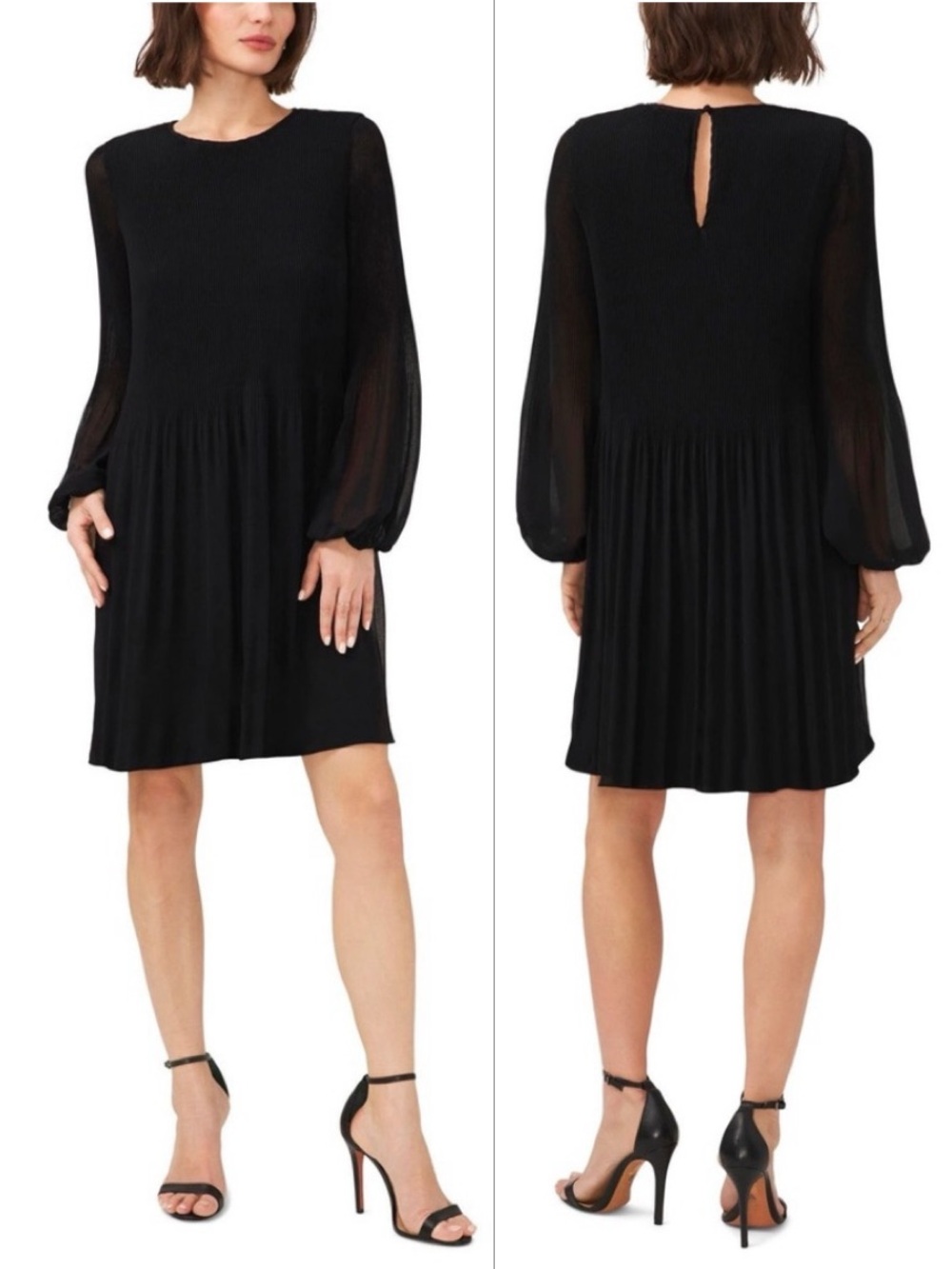 Halogen Pleated Plissé Long Sleeve Shift Dress in Black Women's Small